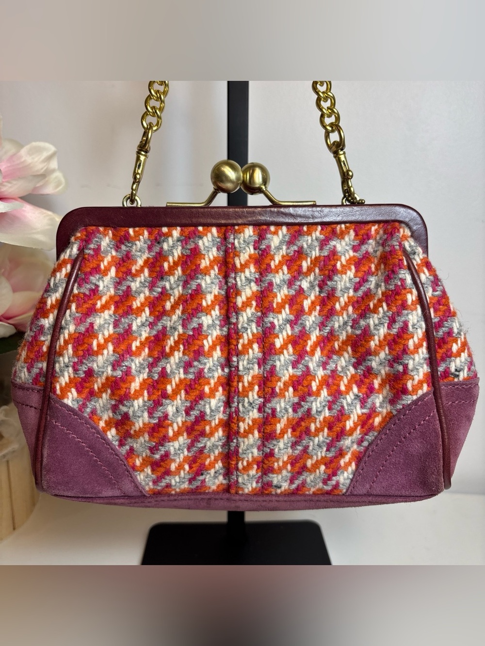 COACH LTD VTG PINK WOOL HOUNDSTOOTH SUEDE KISSLOCK GALLERY FRAMED BAG - Picture 8 of 16
